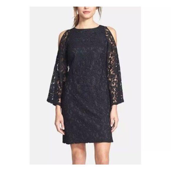Womens Adrianna Papell Black Cold Shoulder Long Sleeve Lace Shift Dress - Sz 4 - Picture 1 of 4